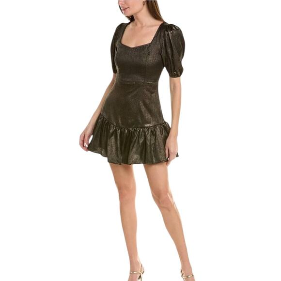 NWOT Rachel Parcell Puff Sleeve Metallic Chiffon Gold/Black Mini Dress – Sz 10 - Picture 1 of 10